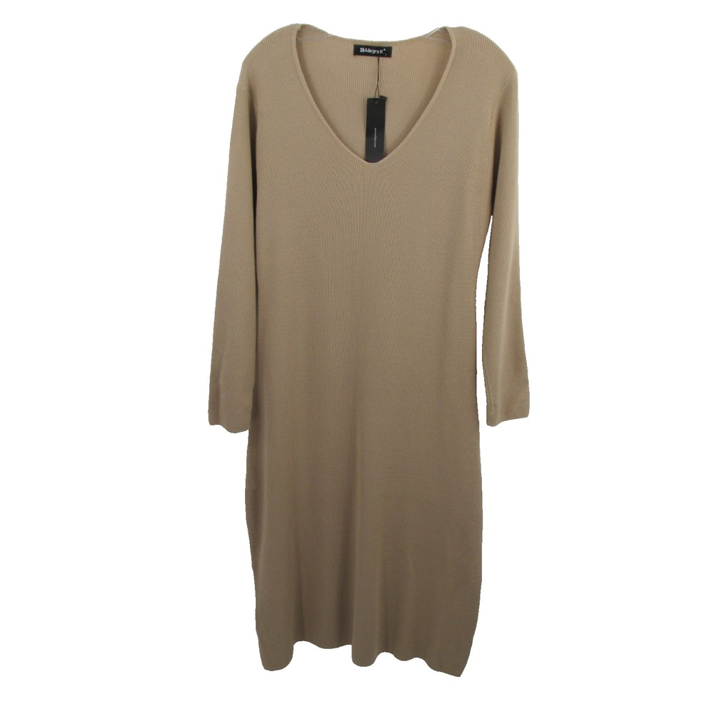 Allegra K Women Beige Maxi Sweater Dress Long Sleeve V-Neck Ribbed Knit Large